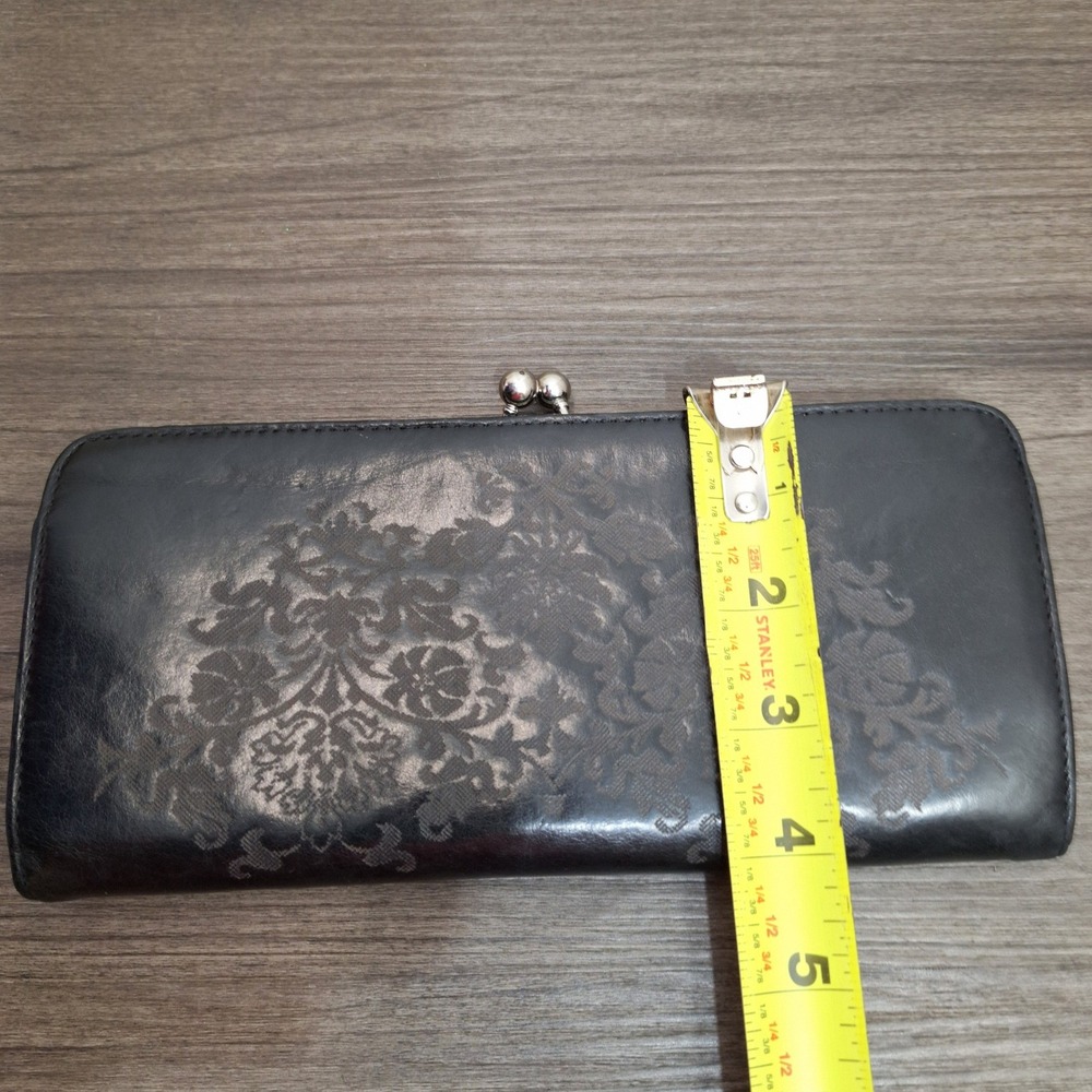 Vintage Genuine Black Leather Damask Floral Kiss Lock Silver Frame Clutch Wallet - Picture 11 of 11